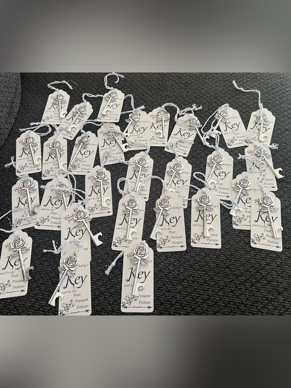 28 Silver Rose Key Bottle Opener Favors with tags Assembled